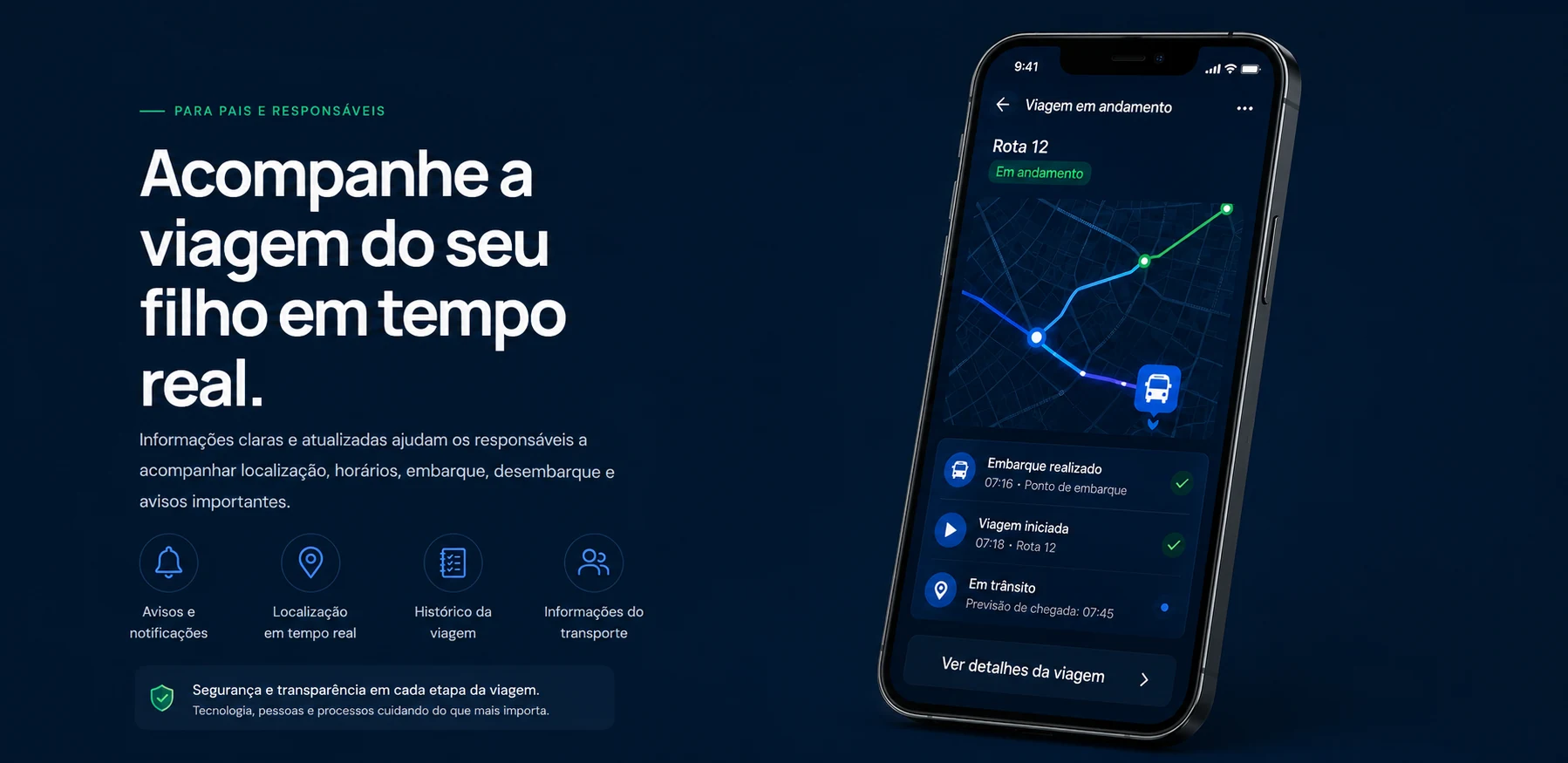 Aplicativo BuscoAí exibindo uma viagem escolar em andamento com mapa, rota e status em tempo real