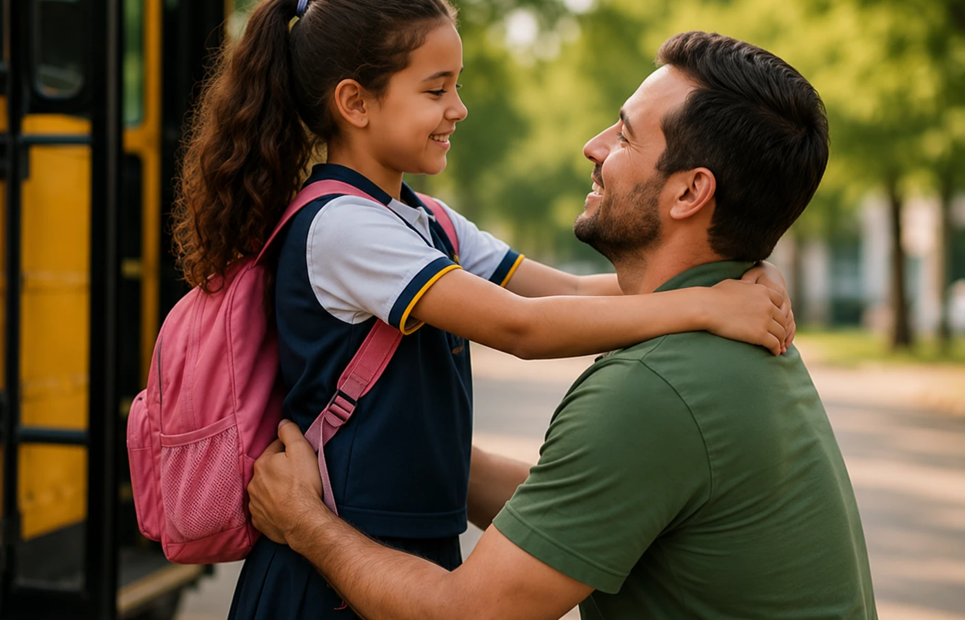 Pai recebendo a filha após a conclusão segura da viagem escolar