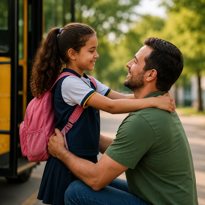Pai recebendo a filha após o desembarque do transporte escolar